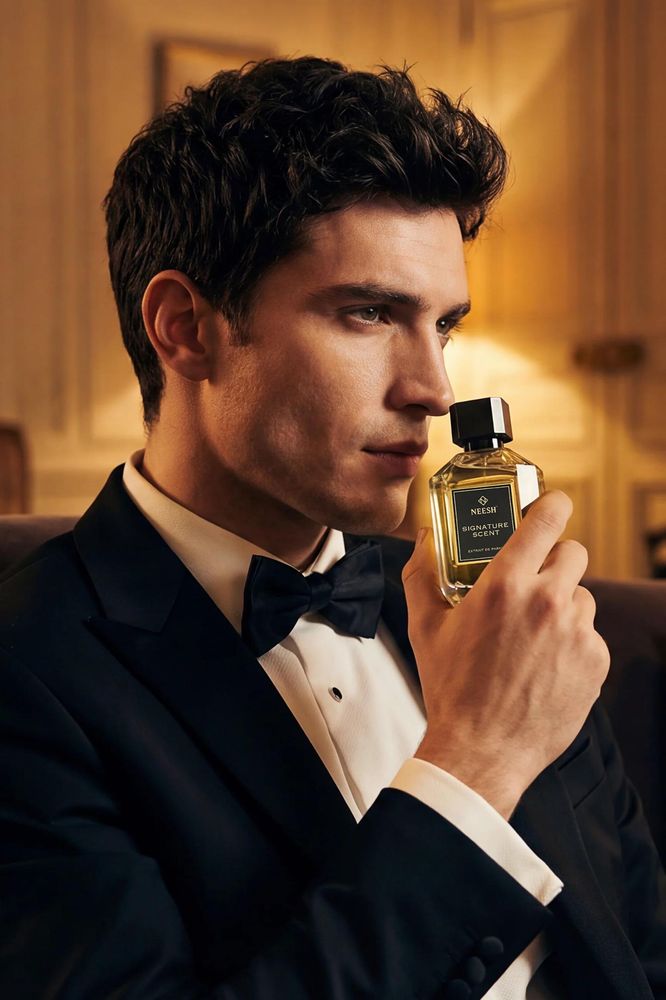 Man in a tuxedo with a Neesh perfume